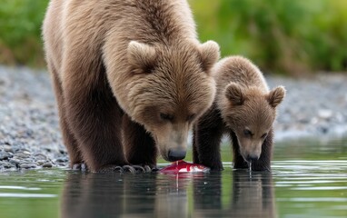 Obraz premium A mother brown bear and her cubs eating salmon in the river