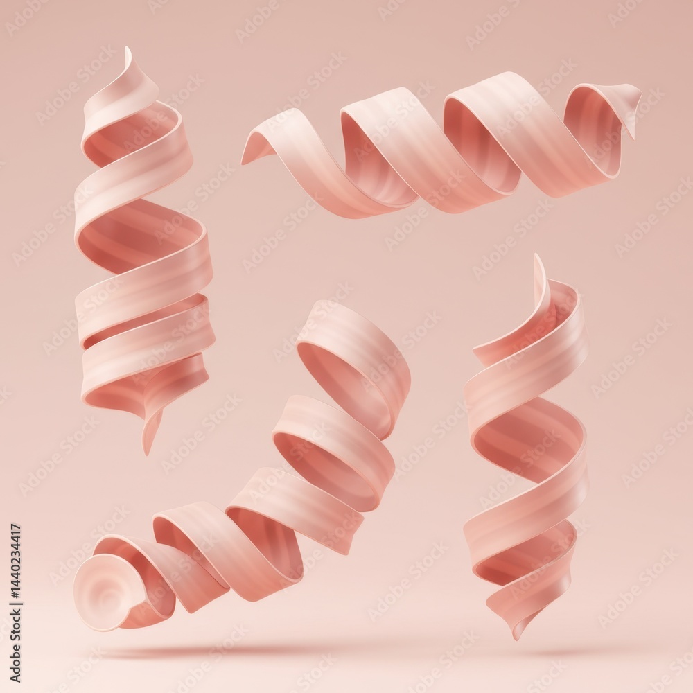 Poster abstract pink spiral forms floating on a pale background: minimalist 3d render of elegant swirls
