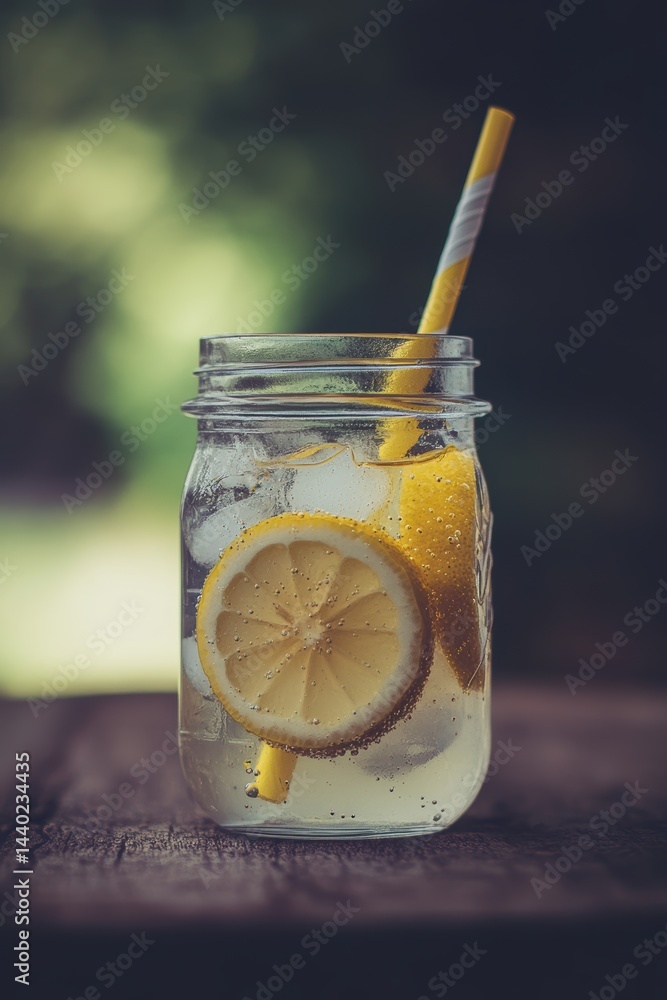Poster refreshing lemonade with lemon slices and a paper straw displayed in a glass jar summer vibes