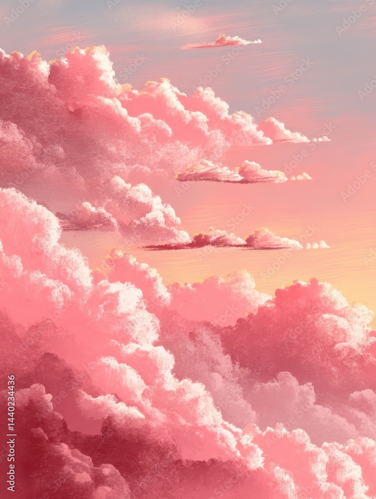 Poster pastel pink cloudscape rendering a dramatic view of cumulus formations with atmospheric optical effe