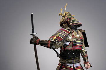 Samurai in Traditional Armor Holding a Katana Sword on Dark Background, Rear View, 3D illustration
