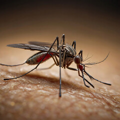 A mosquito sits on the skin. A mosquito drinks blood.