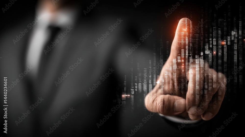 Poster close up of a hand in a dark suit interacting with a glowing digital interface, abstract data stream