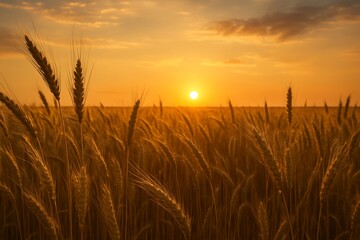 Golden wheat field at sunset captured as natural scenic background ideal for relaxing desktop wallpapers, travel ads, calming mobile screens, and premium marketing visuals