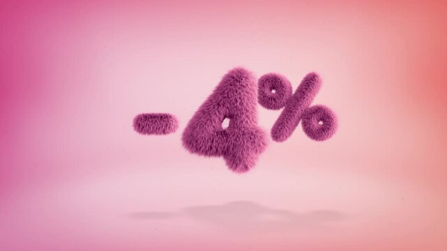 4% pink fluffy numbers and symbols on a simple gradient background with particles. Looping animation of 3D text countdown 4 percent sale