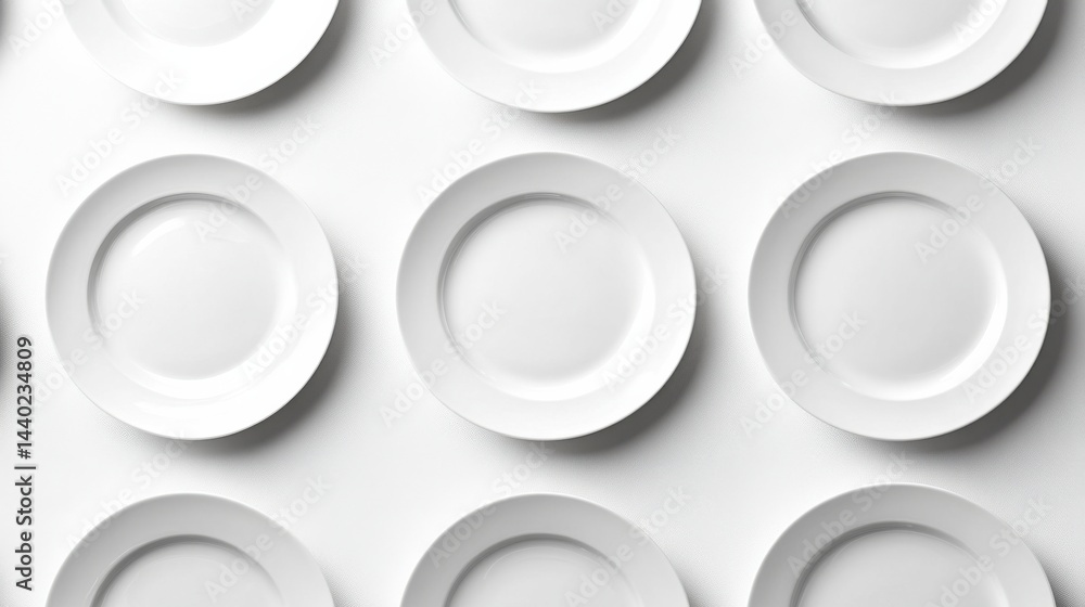 Poster a minimalist setup of white plates arranged side by side, emphasizing symmetry and simplicity, captu