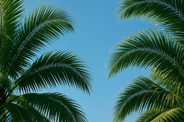 Obraz premium Lush palm leaves against clear sky captured as natural scenic background ideal for relaxing desktop wallpapers, travel ads, calming mobile screens, and premium marketing visuals