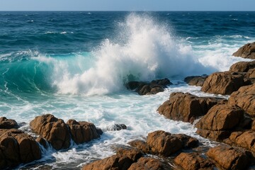 Waves crashing on rocky shore captured as natural scenic background ideal for relaxing desktop wallpapers, travel ads, calming mobile screens, and premium marketing visuals