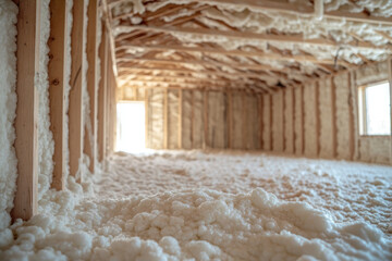 Expanding polyurethane foam insulation being sprayed inside wooden frame house under construction, providing thermal protection and energy efficiency