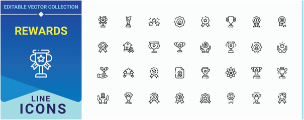 Rewards vector icon set. Contain linear symbols reward, bonus, award, winner and more. Award And Bonus icon set. Line symbol and sign. Vector illustration. Pixel perfect.