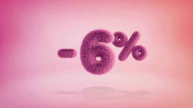6% pink fluffy numbers and symbols on a simple gradient background with particles. Looping animation of 3D text countdown 6 percent sale