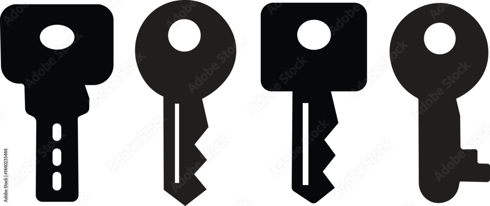 Fototapete key icons set in flat, outline styles. open door symbols, privacy and escape vectors. lock or unlock