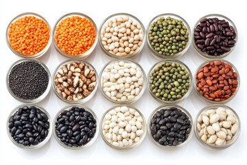 Fototapeta premium Assortment of Nutritional Beans and Legumes in Glass Bowls Displayed on a Bright White Surface