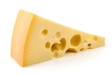 Piece of Maasdam cheese isolated on white background.
