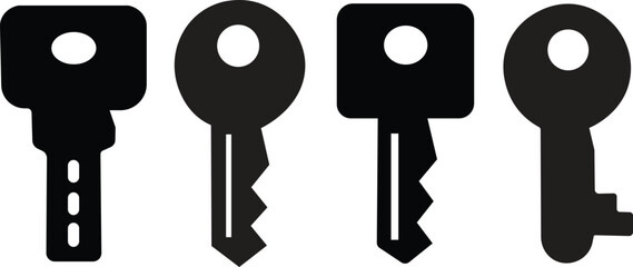 Key icons set in black flat styles. Open door symbols, privacy and escape vectors. Lock or unlock sign. Padlock. Password and access sign illustration collection isolated on transparent background.