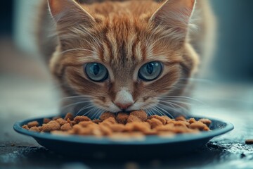 Adorable ginger kitten eating dry food from a bowl, showcasing healthy appetite and feline nutrition