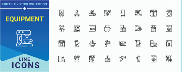 Equipment linear icon collection. Contain linear symbols electronic, household, dishwasher, electric, cooking. Appliances icon set. Icons for website. Editable vector art and illustration.