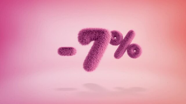 7% pink fluffy numbers and symbols on a simple gradient background with particles. Looping animation of 3D text countdown 7 percent sale
