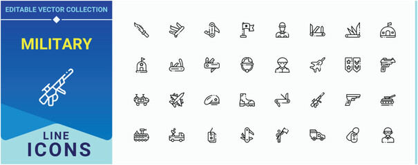Military icon set in linear style. Includes thin line symbols navy, defense, warrior, weapon, warfare and more. Army vector icon set. Modern linear icons. Editable stroke vector art.