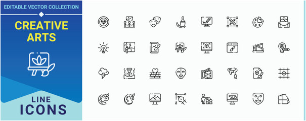 Creative Arts icon set. It contains symbols to digital, artistic, creativity, draw and more. Art And Design linear icon collection. Line icons with editable stroke. Pixel perfect.