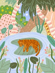 Sleeping tiger in the jungle pond illustration