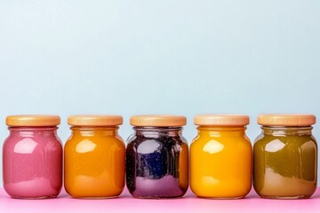 Five colorful baby food puree jars are lined up in a row, ready for mealtime, creating a vibrant and appealing display