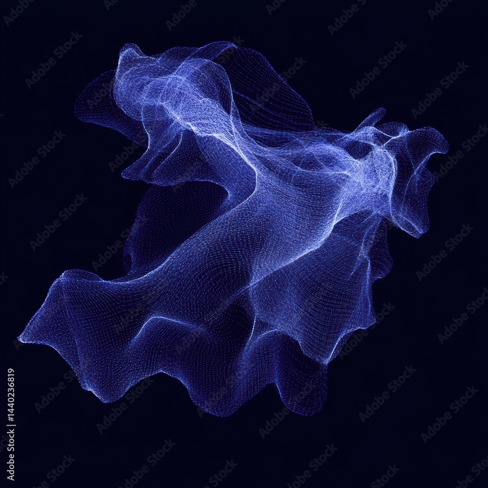 Poster ethereal blue swirl of digital mesh abstract illustration of wavy form on dark background for creati