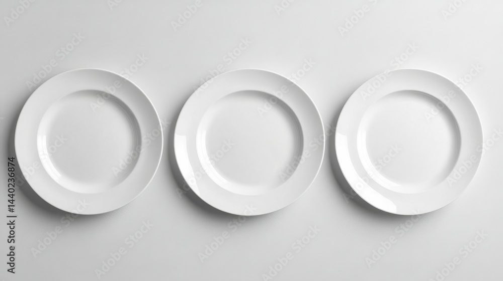 Poster a composition of five neatly arranged white plates side by side, clean and modern top-down view