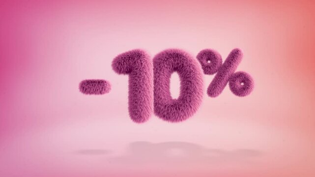 10% pink fluffy numbers and symbols on a simple gradient background with particles. Looping animation of 3D text countdown 10 percent sale