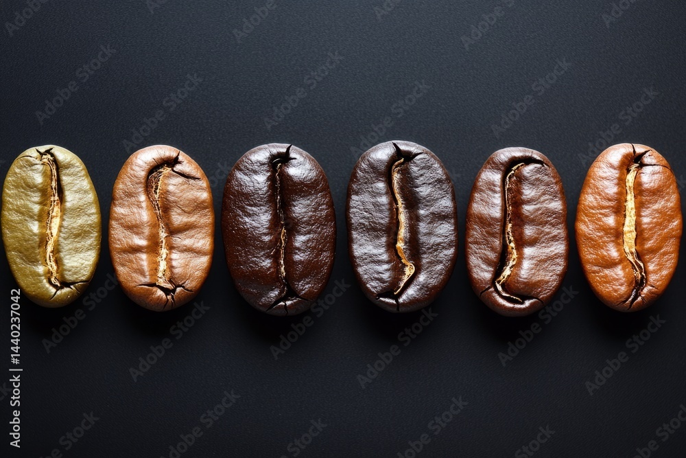 Poster roasted coffee beans arranged in a row, displaying a gradient of colors from light to dark, illustra