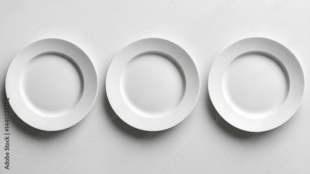 Poster a composition of five neatly arranged white plates side by side, clean and modern top-down view