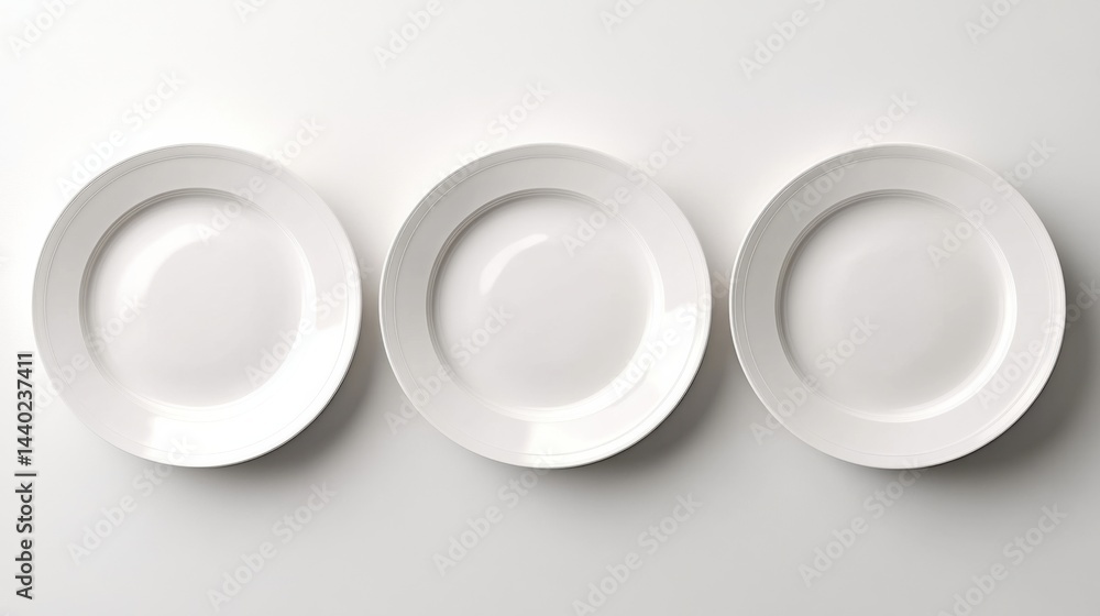 Poster a clean and modern top-down view of seven white plates aligned side by side on a flat surface