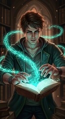 Fototapeta premium Young man casting a spell from an ancient book with glowing green energy in a library setting