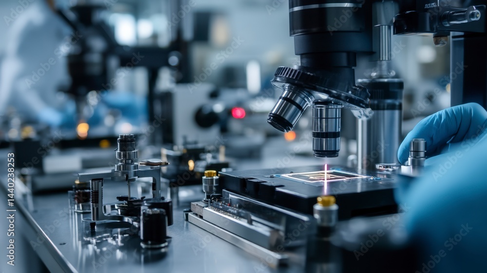 Poster close up of gloved hands operating a high tech microscope in a modern laboratory setting. the focus 
