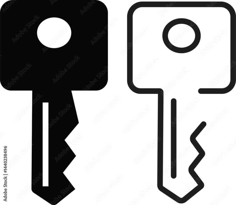 Poster key icons set in flat, outline styles. open door symbols, privacy and escape vectors. lock or unlock