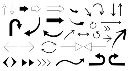 Set of black arrow icons. Hand drawn arrows, black arrow vectors, line arrows, arrow collection