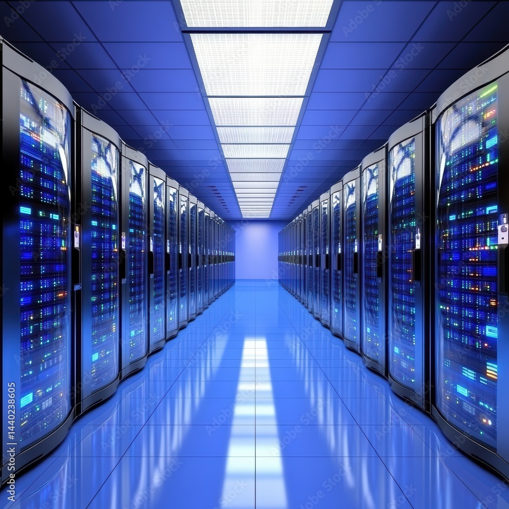 Poster impressive data center architecture featuring a long corridor of server racks in the blue illuminate