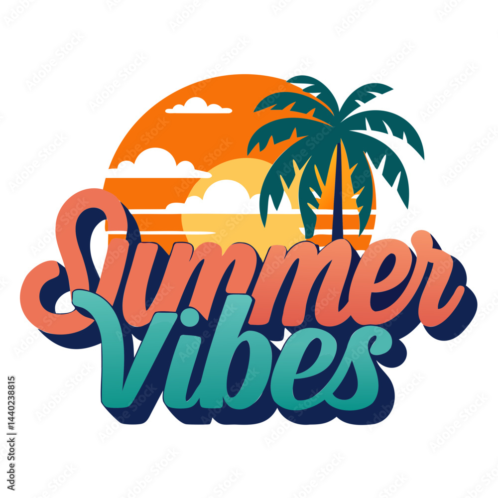 Fototapete simple typography t shirt design with text summer vibes with sunset and tree