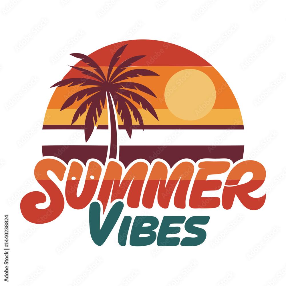 Fototapete simple typography t shirt design with text summer vibes with sunset and tree
