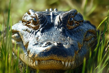 American alligator hiding in the grass showing its teeth