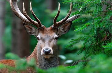 Naklejka premium a red deer with impressive antlers standing in the woods, surrounded by tall trees and moss-covered rocks