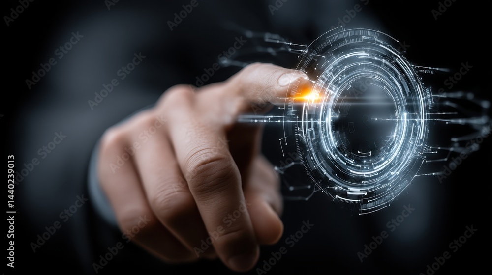 Poster close up of a hand interacting with a glowing, circular digital interface. the background is dark an