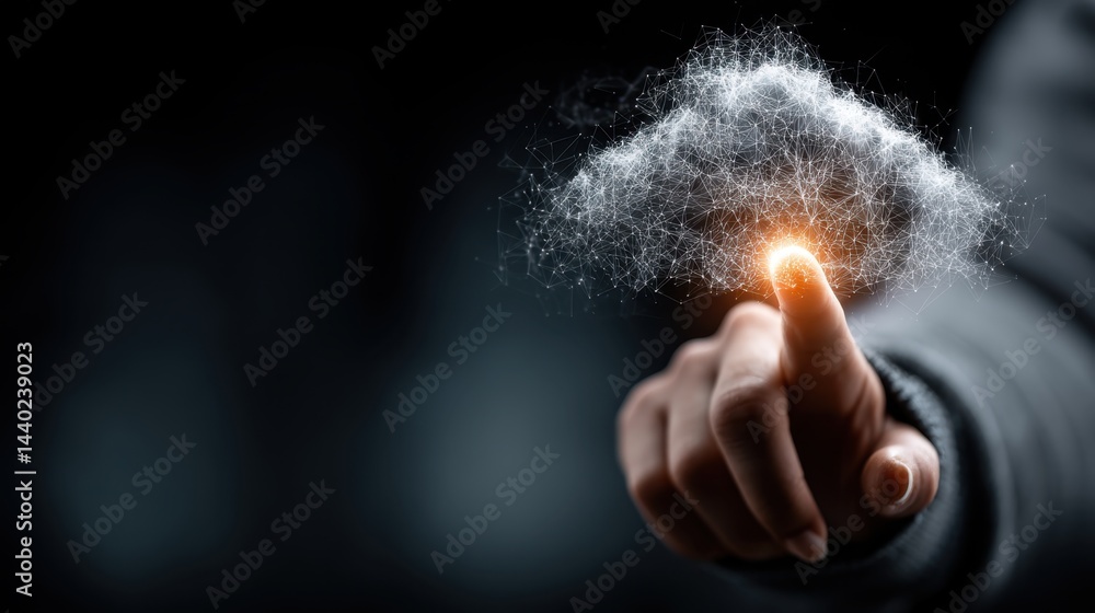 Poster a hand interacts with a glowing cloud shaped digital particle effect against a dark background.