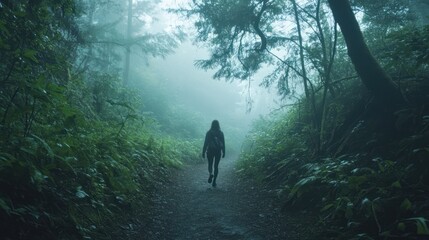 Obraz premium Misty forest path, a solitary figure walking.