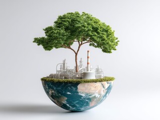Symbolic Earth Globe with Plant and Industrial Complex Juxtaposition, Ecological Balance Visualized