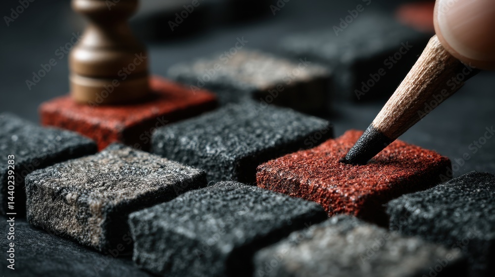 Aufkleber close up of a hand using a pencil to select a red square among many dark gray squares. dark backgrou