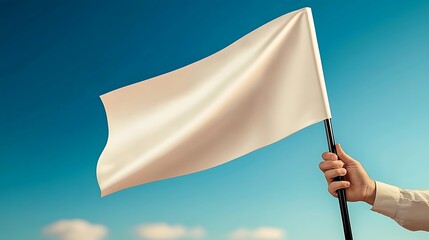 Hand holds a white flag against a gradient blue sky. Symbolizes surrender, truce, or blank canvas