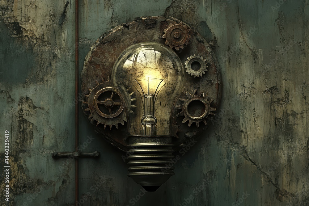 Poster industrial light bulb with cogs steampunk design idea conceptual visualization metallic style