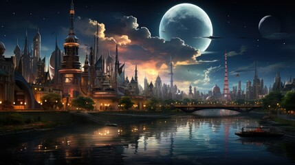 Futuristic cityscape with neon glow