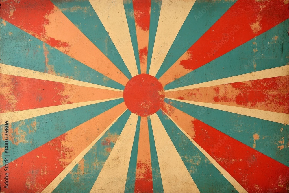 Poster retro grunge background featuring colorful sunbeams emanating from a central red circle, creating a 